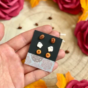 Set de pendientes de botón – Calabaza, Fantasma y Grano de Café