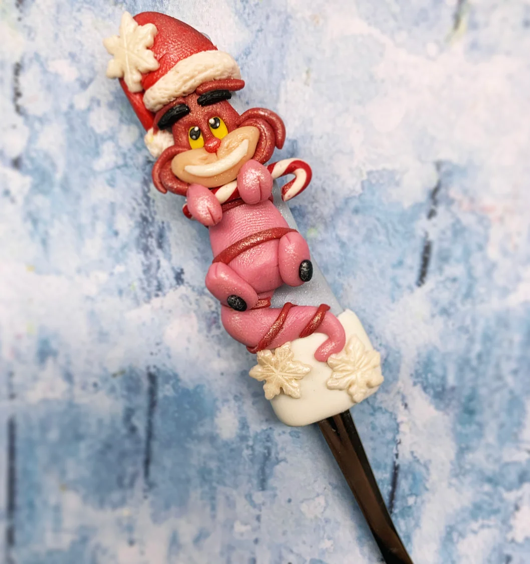 Cucharilla Navideña Gato Sonriente con Bastón de Caramelo