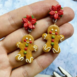 Pendientes navideños – Muñeco de Jengibre con Flor de Pascua