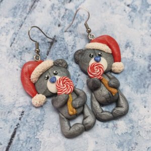 Pendientes navideños – Osito con gorro de Navidad y piruleta
