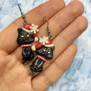 Pendientes navideños – Gatito negro con gorro de Navidad