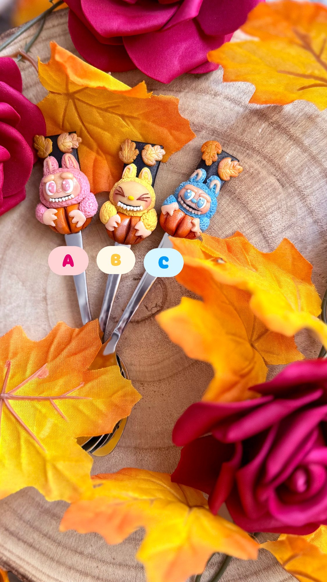 Cucharillas otoñales Lafufu – Rosa, Amarilla y Azul