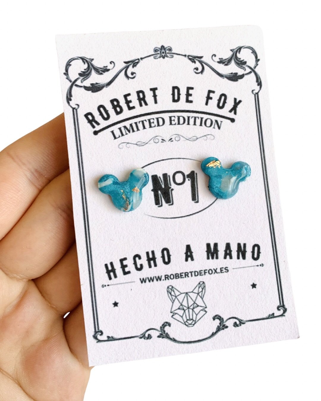 Pendientes Mickey turquesa, blanco y dorado efecto cristal