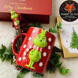 Taza navideña inspirada en el Grinch con cucharita artesanal